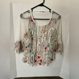 Grand and Greene sheer floral embroidered white blouse with bell sleeves size M